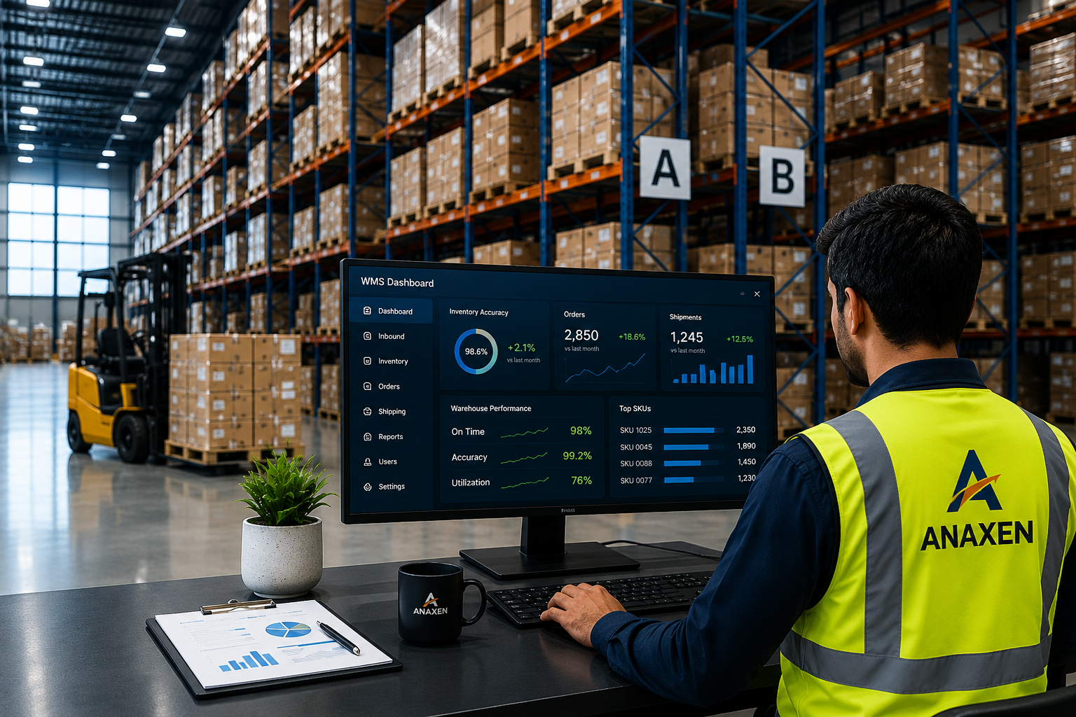 Warehouse operator working with a WMS dashboard